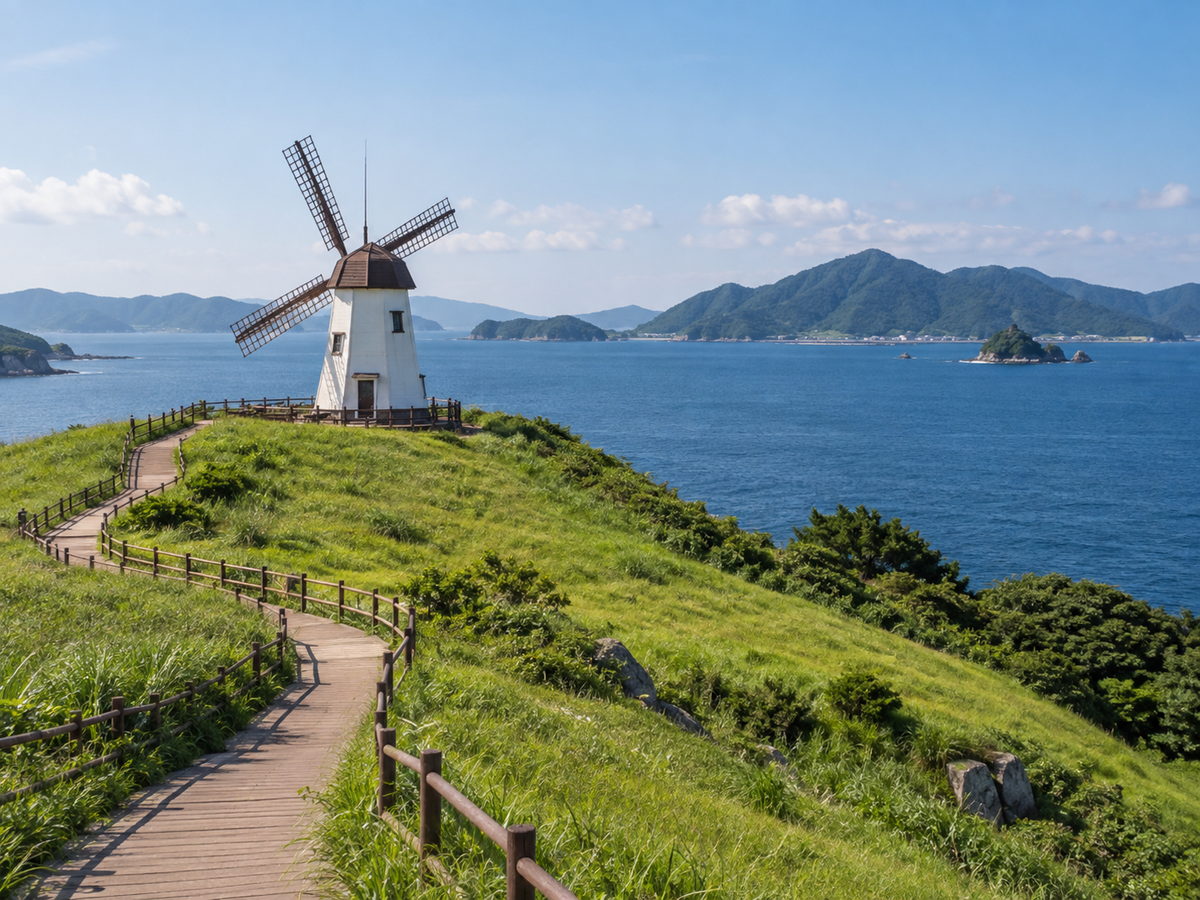 巨济岛风之丘白色风车与海景