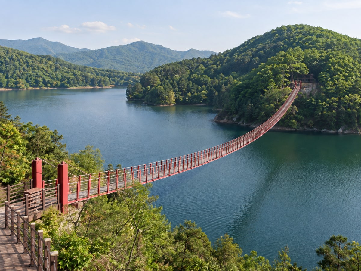 坡州湖畔吊桥与山林