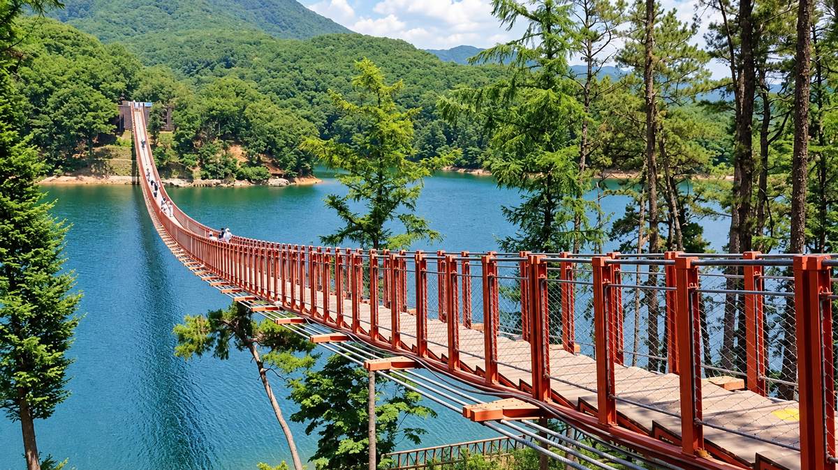 马场湖水吊桥横跨湖面的全景